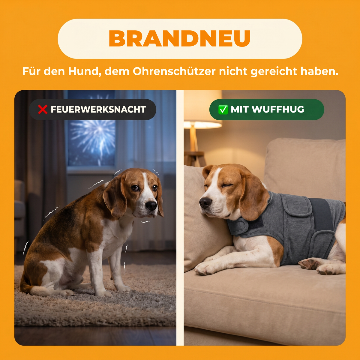 WuffHug Wrap: Beagle vorher und nachher mit der dunkelgrauen Kompressionsweste. Für den Hund, der mehr gebraucht hat als Ohrenschützer.
