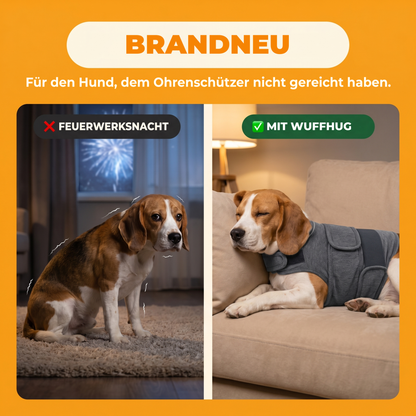 WuffHug Wrap: Beagle vorher und nachher mit der dunkelgrauen Kompressionsweste. Für den Hund, der mehr gebraucht hat als Ohrenschützer.