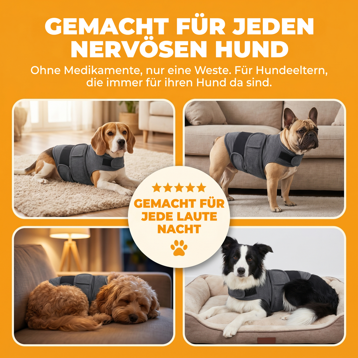 Kundenstimmen-Mosaik: 4 verschiedene Hunderassen tragen entspannt den WuffHug Wrap: Beagle, Französische Bulldogge, Cavapoo, Border Collie. Gemacht für jede laute Nacht.