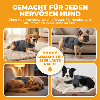 Kundenstimmen-Mosaik: 4 verschiedene Hunderassen tragen entspannt den WuffHug Wrap: Beagle, Französische Bulldogge, Cavapoo, Border Collie. Gemacht für jede laute Nacht.