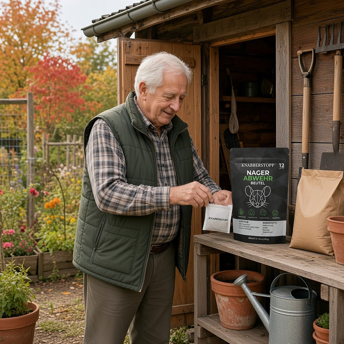 Man placing a scent pouch in his garden shed
