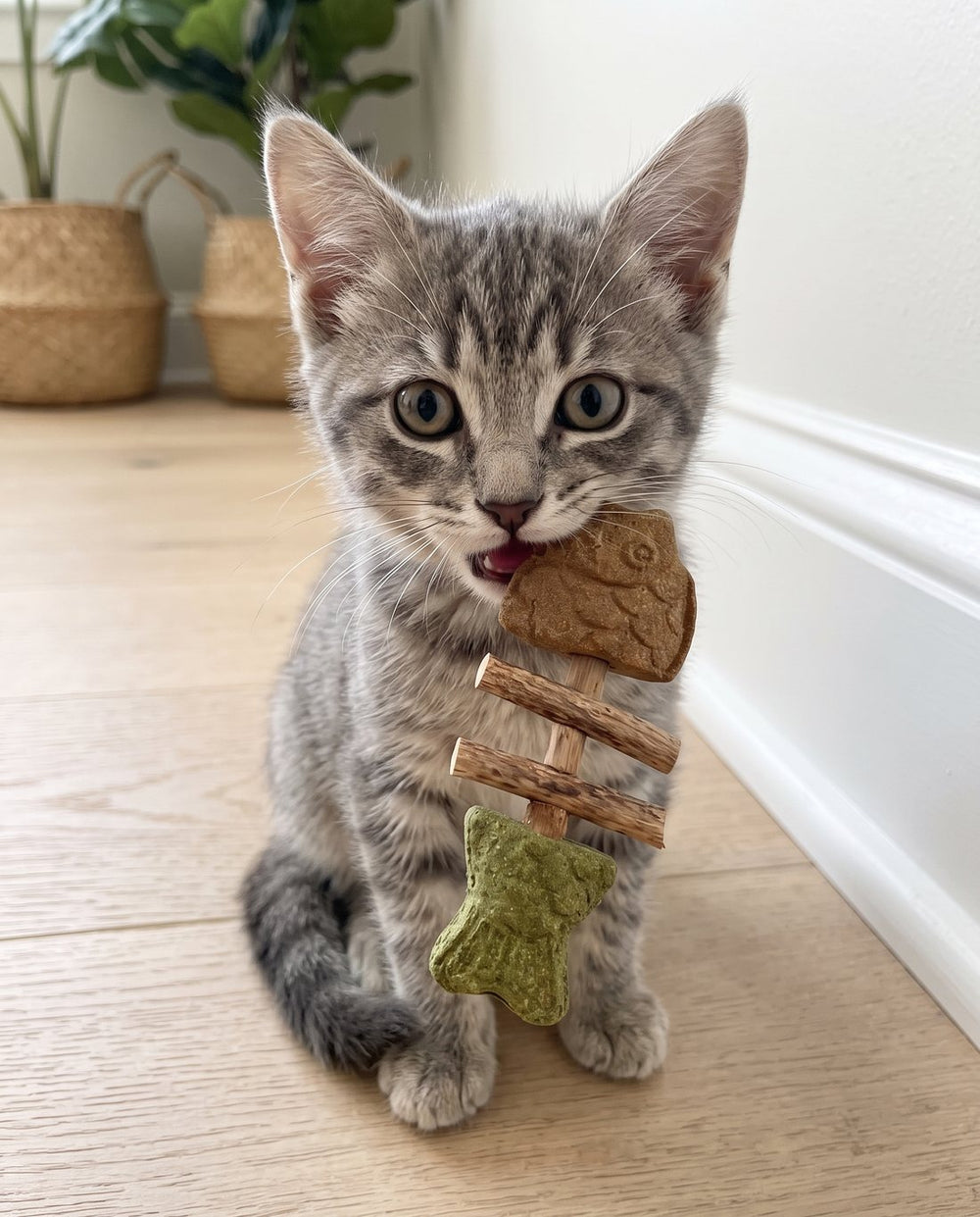 Grey tabby kitten holding a PurrStick in its mouth