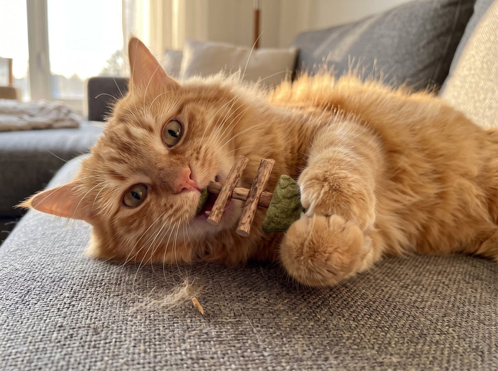 Orange cat on the sofa biting a PurrStick