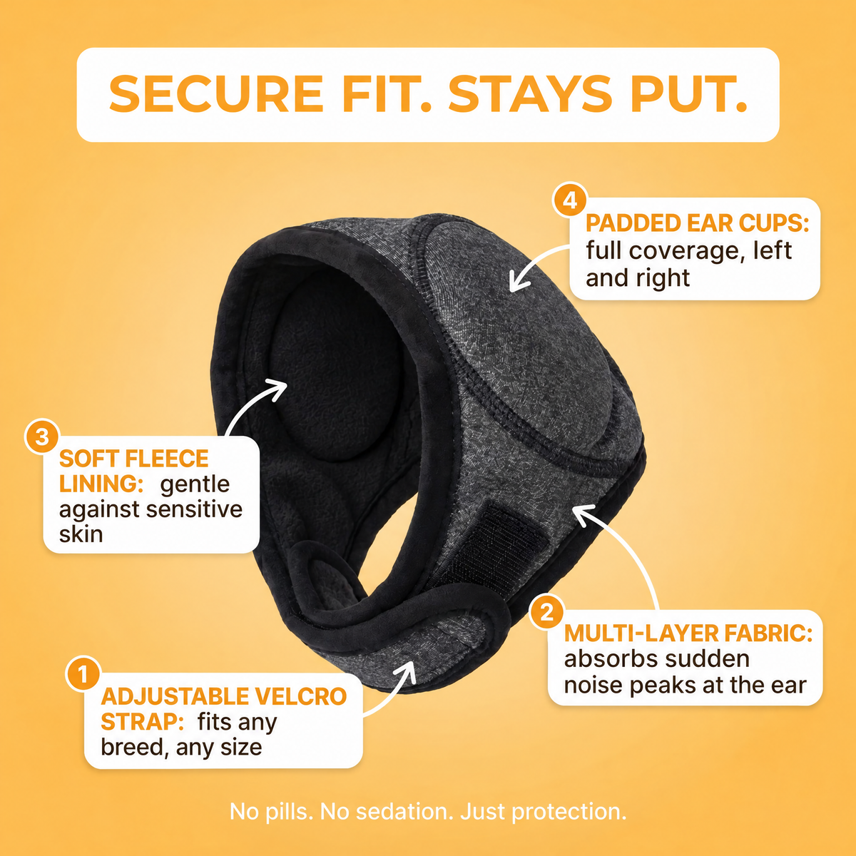 SilentWuff features: adjustable velcro strap, multi-layer fabric, soft fleece lining, padded ear cups.
