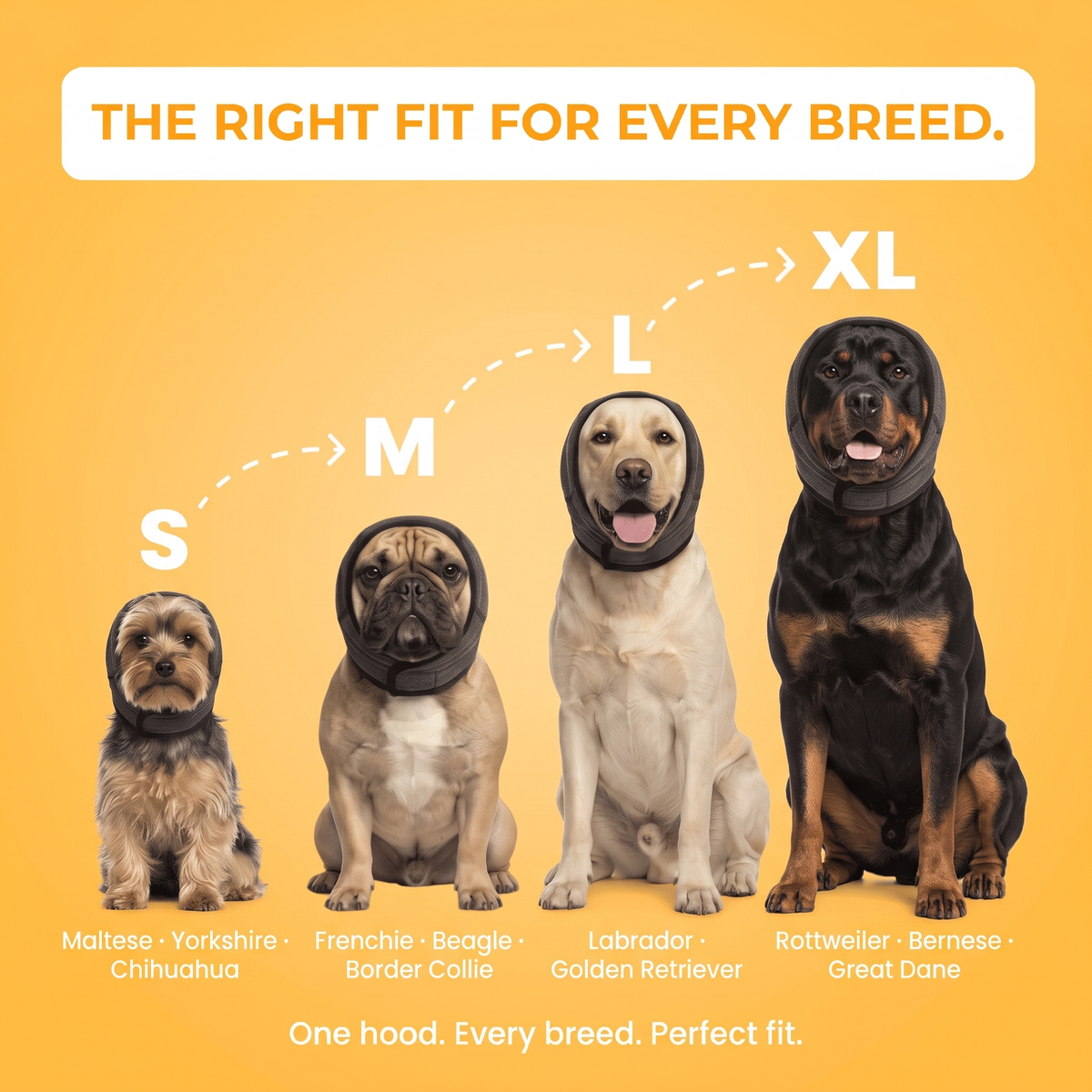 The right fit for every breed: sizes S, M, L and XL, from Maltese to Rottweiler.
